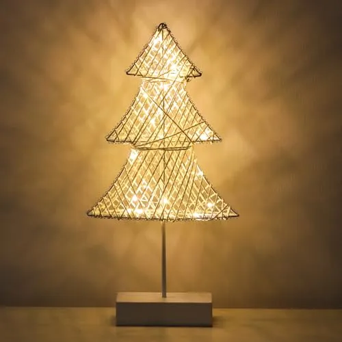 Lewondr Tischlampe, Baumform Nachttischlampe LED Weihnachtsdeko Innen, Batteriebetrieb Mini Weihnachtsbaum mit Beleuchtung Metall Schreibtischlampe Tischdeko Weihnachtsbaumschmuck Zuhause, Warmweiß