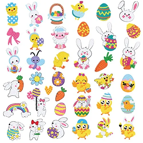 EXQULEG 36pcs Diamond Painting Ostern, 5D Diamant Painting Kits, DIY Diamant Malerei Bilder Ostereier Hase Kaninchen und Küken, als Ostern Geschenk für Kinder Jungen und Mädchen (A-36pcs)