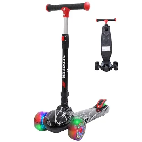 Kinderroller mit LED Leuchträdern, Klappbar Tretroller 3-12 Jahre, Höhenverstellbar Scooter für Mädchen & Jungen, Roller Kinder mit Rutschfesten Griffen & Hinterradbremse, Schwarz Spinnennetz Design