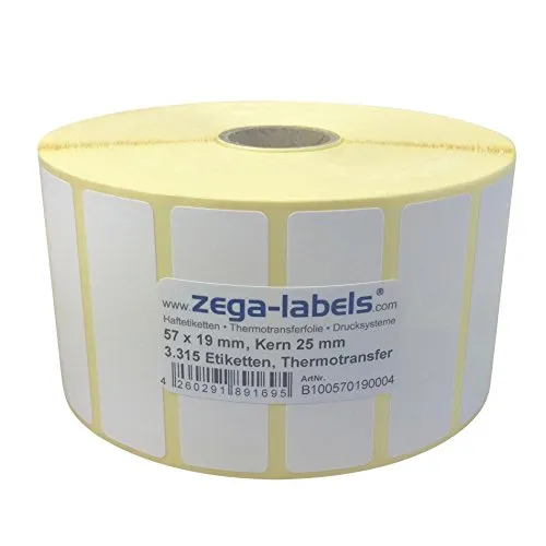 Thermotransfer Etiketten auf Rolle - 57 x 19 mm - 3.315 Stück je Rolle - Kern: 25 mm - aussen gewickelt - permanent haftend - Druckverfahren: Thermotransfer (Drucken mit Farbband)
