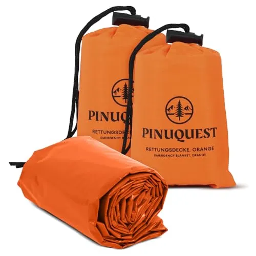 PINUQUEST Rettungsdecke 26 µm (2er-Set) - Extra Dicke & Robuste Erste Hilfe Decke, Notfalldecke für Outdoor, Survival, Camping, Wandern | Wasser- und Winddicht (210 × 160 cm) (Orange)