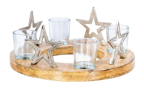 Levandeo® Adventskranz aus Mango Holz, 30 cm - Adventskranz aus naturbelassenem Mangoholz mit silbernen Sternen, ideal für eine stilvolle Weihnachtsdekoration. Perfekt für Teelichter, Maße: 30 x 12 cm.