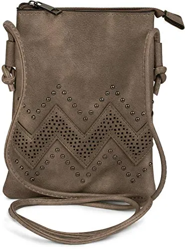 styleBREAKER Damen Mini Bag Umhängetasche mit Zick-Zack Cutout und Nieten, Schultertasche, Handtasche, Tasche 02012211, Farbe:Taupe