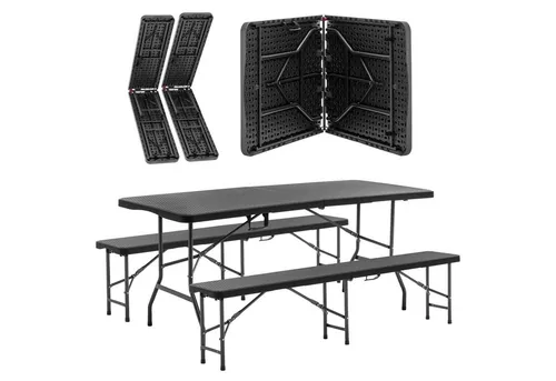 6ft Klappbarer Picknicktisch mit 2 Bänken – Robustes Camping Set - Praktisches 3-teiliges Set für bis zu 6 Personen. Ideal für Gartenpartys, Camping und Picknicks. Langlebige HDPE-Tischplatte, sicher und einfach zu transportieren dank Sicherheitsverriegelung und abgerundeten Kanten.
