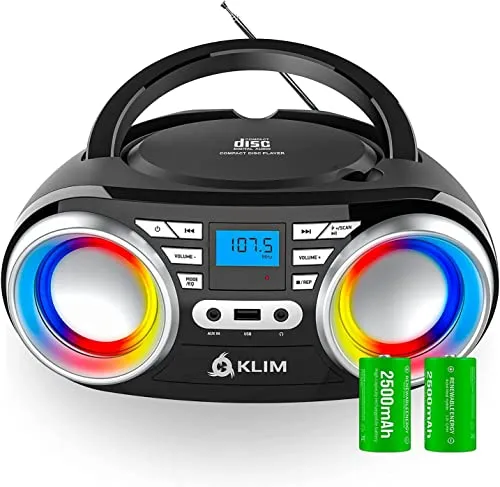 KLIM Boombox B3 - Tragbarer CD Player mit Bluetooth und FM Radio - Radios mit kabellosem Betrieb, RGB LED und verbesserter CD-Laserlinse für ein erstklassiges Klangerlebnis und umweltfreundliche Nutzung.