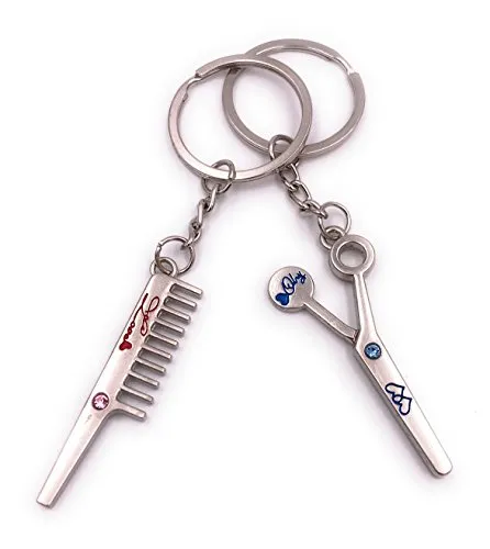 H-Customs Friseur Kamm Schere Pärchen Schlüsselanhänger Anhänger Silber aus Metall