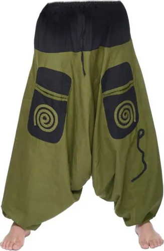 Aladinhose Simandra Herren Freizeithose in grün-schwarz S/M - Bequeme Haremshose im Aladin Style für maximale Bewegungsfreiheit. Mit breitem Dehnbund, Bindeband und praktischen Taschen, ideal für entspannte Freizeitaktivitäten.