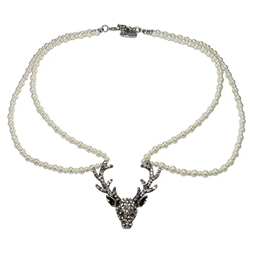 Alpenflüstern Perlen-Trachtenkette Strasshirsch - Eleganter Damen-Trachtenschmuck - Ketten für Damen, handgefertigte Wachs-Perlenkette mit Strass-Hirsch-Anhänger für ein stilvolles Trachten-Outfit, ideal für Oktoberfest und besondere Anlässe.