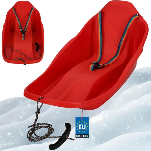 KOTARBAU® Bob Schlitten mit Lehne 72 x 37 x 32 cm Kinderbob Kunststoff Schlitten für Kinder mit Rückenlehne Schneeschlitten Kinderschlitten mit Sicherheitsgurt & Zugseil Rot