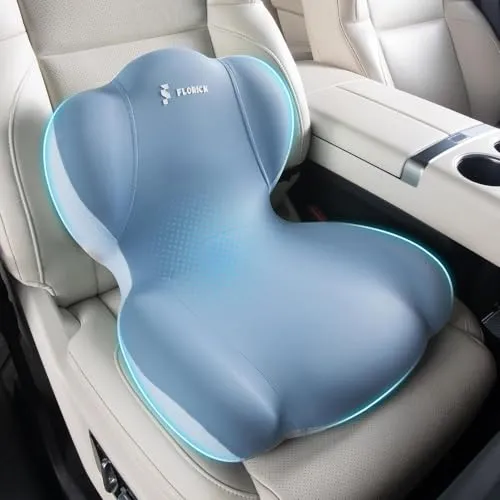 FLORICH Sitzkissen Orthopädisch und Lendenstützkissen Memory-Schaum Ergonomisches Sitzkissen einteilig Steißbein Entlastung mit erstellbaren Gurten für LKW, Autositz, Bürostuhl (Blau)