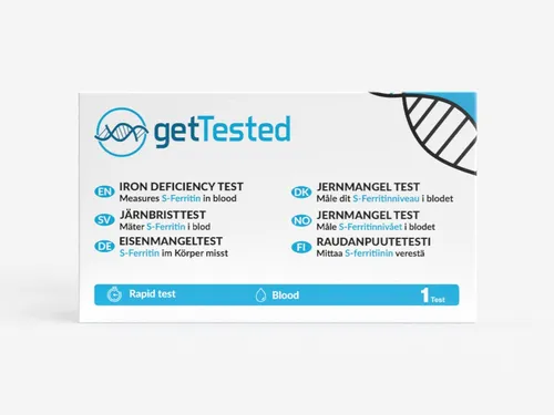 GetTested International AB Unverträglichkeitstest Eisenmangeltest – Ferritin Bluttest, 1 Messparameter, Testkit, 1-tlg., Ferritin Bluttest für zuhause, Ferritin Bluttest mit Ergebnis nach ca. 5 Minuten