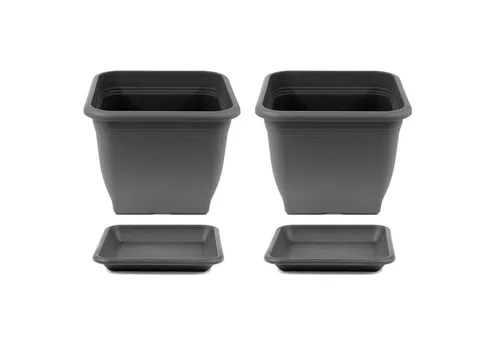 HAC24 Blumentopf Pflanztopf Pflanzkübel Pflanzuntersetzer Blumenkübel Pflanzcontainer (2 St), Kunststoff 40 x 40 cm incl. Untersetzer Eckig Anthrazit