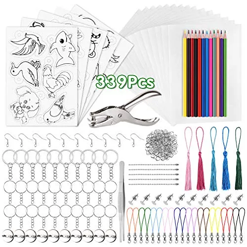 PLULON 339 Stk schrumpffolie set, 20 leeres schrumpfendes Dinkpapier, 5 Schrumpfkunstpapier mit Muster, Locher, Buntstifte, Schlüsselanhänger Zubehör für DIY Ornamente, Kunsthandwerk