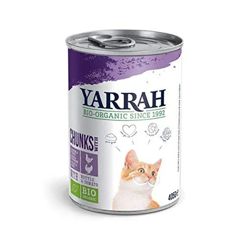 Yarrah Katze Bröckchen - Huhn und Truthahn bio 405g - Bio-Nassfutter für Katzen, mit schmackhaften Bröckchen aus Huhn und Truthahn. Reich an Feuchtigkeit, ideal für ältere Katzen, um hydratisiert zu bleiben.