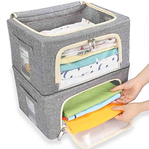 Aufbewahrungsbox mit Deckel, faltbare Aufbewahrungsboxen mit Metallrahmen, 2 Fenster, 2 Reißverschlüsse, 2 Türen, Aufbewahrungstasche für Kleidung Kleiderschrank Schlafzimmer (grau) (39x29x20 cm)
