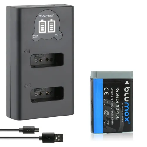 Akku + LCD Lader für Canon NB-13L PowerShot G5X G7X G9X 1050 mAh (3,6V)