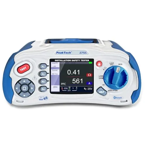 PeakTech Installationstester P 2755 TrueRMS - VDE 0100-600, VDE 0105-100 - Isolationsmessgerät mit Bluetooth und True RMS, ideal zur Prüfung von Elektroanlagen gemäß VDE. Inklusive TFT-Farbanzeige, integrierter Akkuladefunktion und umfangreicher Zubehör.
