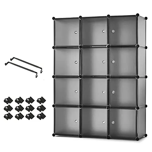 Mondeer Kleiderschrank, Steckregal Kunststoff, Garderobe Schrank Steckregalsystem, mit 2 Kleiderstange, DIY Modular Schrank für Platzsparende, Grau