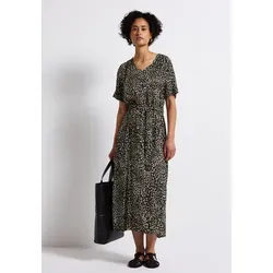 Street One Damen A144503 Maxi-Kleid mit Print, Schwarz, Größe 40 - Freizeitkleid mit gerundetem V-Ausschnitt, Taillengürtel und seitlichen Schlitzen, aus hochwertiger Viskose für optimalen Tragekomfort.