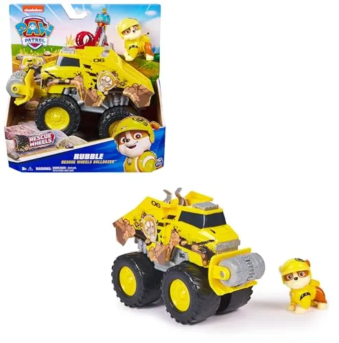 PAW PATROL Rescue Wheels - Rubbles Bulldozer Monstertruck mit Hundefigur, riesige Räder für Abenteuer im Gelände und extra Bulldozer-Funktion