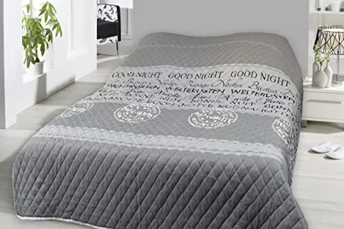 Tagesdecke Bettüberwurf Home Good Night grau weiß gesteppt Wohndecke Steppdecke, Größe:140x210 cm, Farbe:Good Night grau
