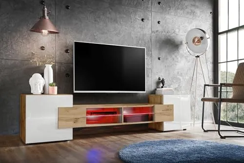Komodee Merano Bank TV Schrank mit LED RGB - TV-HALTERUNGEN: Moderner Schrank mit LED-Beleuchtung, ideal für Wohnzimmer und Schlafzimmer. Geräumig mit den Maßen 230 x 52,5 x 35 cm, aus langlebigen Materialien und einfach aufzubauen.