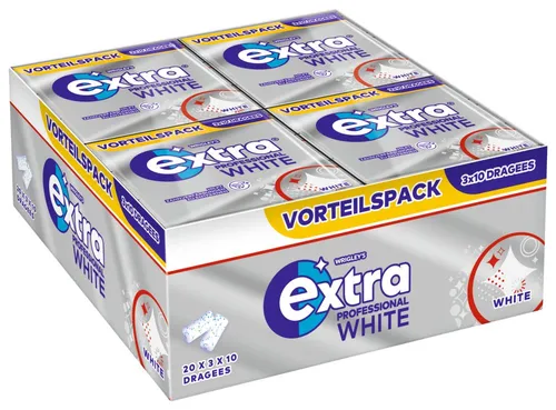 EXTRA PROFESSIONAL Kaugummi White 20x(3x10) Dragees - Erleben Sie frischen Kaugummi-Genuss! Ideal für unterwegs, die praktische Verpackung sorgt für langanhaltenden Geschmack und frischen Atem.