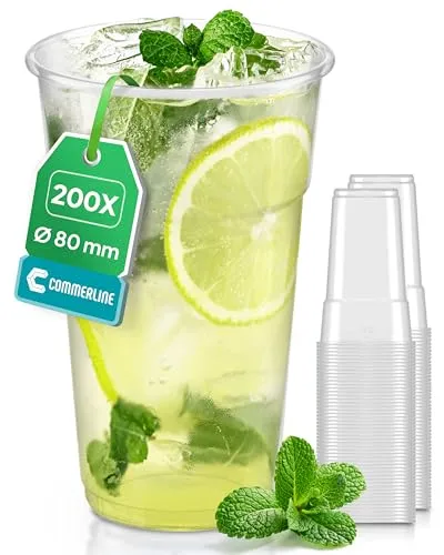 Commerline 200 Stück Plastikbecher 0,3L Trinkbecher, Plastik Transparent Becher, Partybecher, Kunststoffbecher, Wasserbecher Ausschankbecher