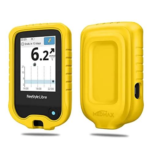 MEDMAX Hülle für Freestyle Libre 3/2 / Libre Reader Blutzuckermessgerät, Leichte stoßfeste Anti-Rutsch Silikon Schutzhülle Cover mit erhabener Abschrägung, (Gelb)