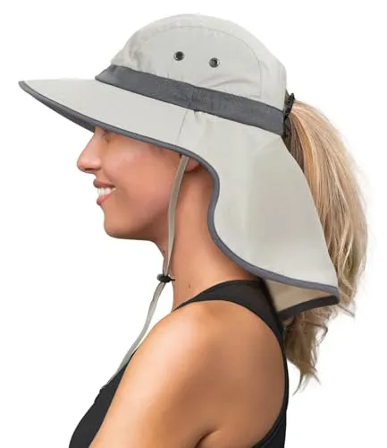 Creekstone Sonnenhut mit Nackenschutz Pferdeschwanz Loch, Breiter Krempe, UV-Schutz, Faltbar Wasserdicht Wanderhut Fischerhut, Damen und Herren (DE/NL/SE/PL, Alphanumerisch, Einheitsgröße, Hellgrau)
