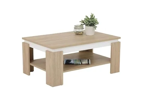 möbelando Preisbrecher Tim II Couchtisch Eiche/Weiß – Moderner Wohnzimmertisch mit Ablageboden, 90x40x60 cm, pflegeleicht, Made in Europa