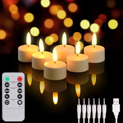 Lunartec 6er-Set Akku-LED-Teelichter mit Fernbedienung - Wiederaufladbare LED-Echtwachskerzen mit realistischer Flamme, ideal für stimmungsvolle Abende ohne Brandgefahr.