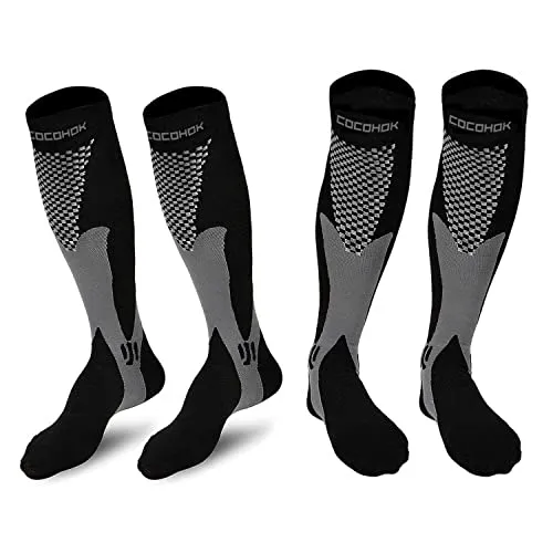 COCOHOK compressiekousen voor dames en heren, ter verhoging van prestaties, uithoudingsvermogen, doorbloeding en herstel, geschikt voor sport, voetbal, hardlopen en vliegen,2 Paar Schwarz,43-47