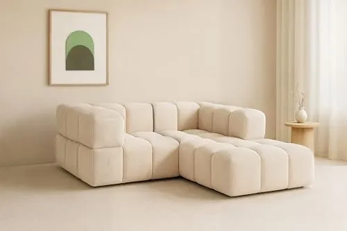 DMSM Modulares Ecksofa, Beige, Holzrahmen mit Wellenfedern, Klein, L-förmig, Modern, Clixi Mini 187 cm, für Wohnzimmer, 187x185x70 cm
