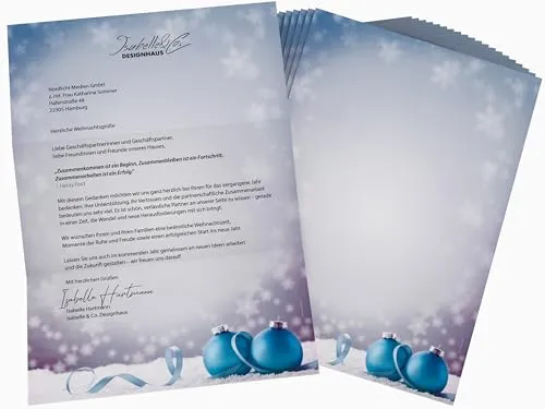 Weihnachtsbriefpapier 50 Blatt DIN A4 | Weihnachtskugeln im Schnee | weihnachtliches Briefpapier für stilvolle Briefe