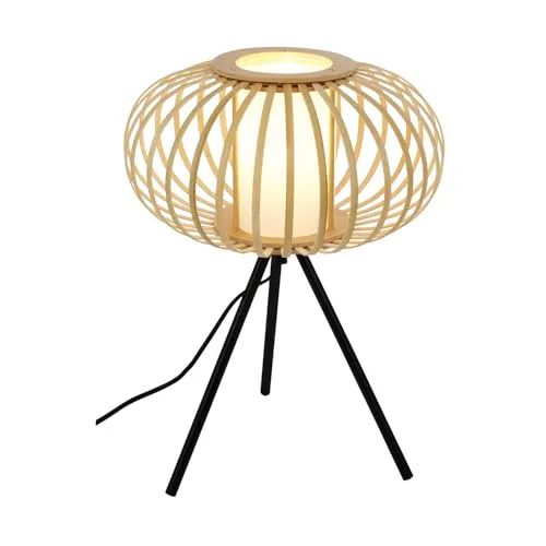 BRILONER – Bambus Nachttischlampe, Schreibtischlampe Holz, Tischlampe Kabelschalter, Leselampe, Boho, Zimmer Deko, Lampe, E27 Fassung, 28x39,5 cm (DxH)