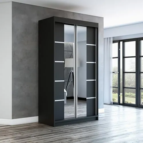 Schwebetürenschrank ERA 120 cm mit Spiegel - Moderner Schwebetürenschrank in Schwarz, 2-türig mit hochwertigem Aluminium Schiebetürsystem für müheloses Öffnen. Perfekt für platzsparende Aufbewahrung in jedem Schlafzimmer.