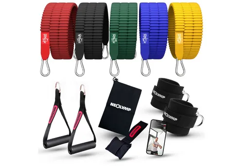 NEOLYMP Premium Resistance Bands Set mit E-Book - Heimtrainingssysteme für individuelles Training – 5 Widerstandsbänder mit bis zu 68 kg Gesamtwiderstand, ideal für Anfänger bis Profis. Inklusive E-Book für optimale Ergebnisse.