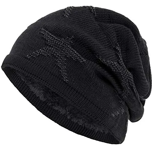 Compagno warm gefütterte Beanie Wintermütze Sternen Strickmuster mit weichem Fleece-Futter Mütze, Farbe:Schwarz Grau
