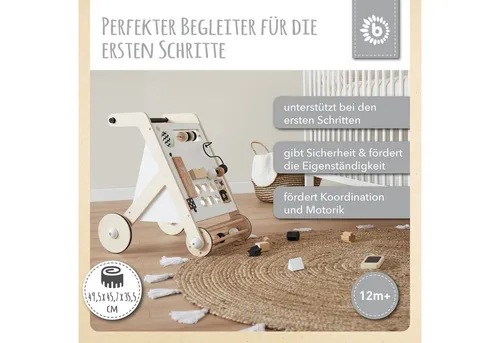 Bieco Lauflernwagen Holz, schwarz weiß - Lauflernhilfe für Babys ab 1 Jahr, fördert Motorik und Feinmotorik durch vielseitige Spielmöglichkeiten. Hochwertige Verarbeitung und gummibereifte Räder sorgen für Sicherheit und Stabilität.