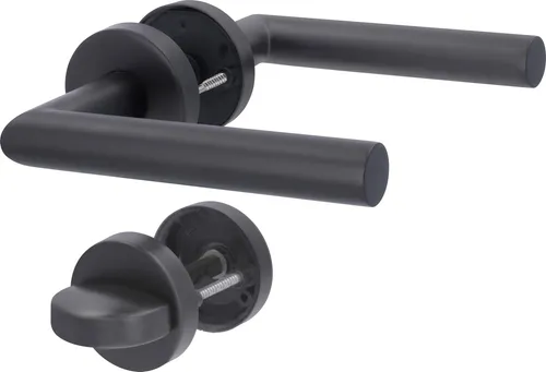 Alpertec WC-Türgriff-Garnitur Rosette Fair I Edelstahl schwarz Ø 52 mm - Elegante WC-Türgriff-Garnitur aus robustem Edelstahl, ideal für stilvolle Türen. Mit einem Durchmesser von 52 mm bietet sie einen komfortablen Griff und passt perfekt in moderne Wohnräume.