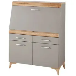 Carryhome Sekretär in Grau und Eiche - Eleganter Sekretär im Skandi-Look mit 2 Schubladen und Kabeldurchlass, ideal für ein stilvolles Arbeitszimmer. Die ausziehbare Platte bietet zusätzlichen Platz für spontane Aufgaben.