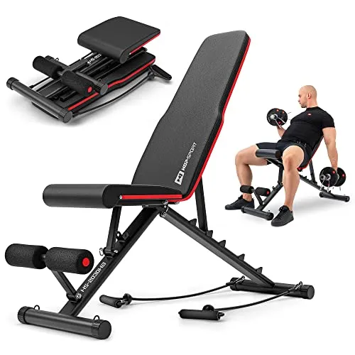 Hop-Sport Hantelbank, Klappbare Trainingsbank mit 6-fach verstellbarer Rückenlehne, Beinfixierung, inkl. Expanderseile, Multifunktional Fitnessgeräte für Zuhause, 150 kg Max. Belastbarkeit