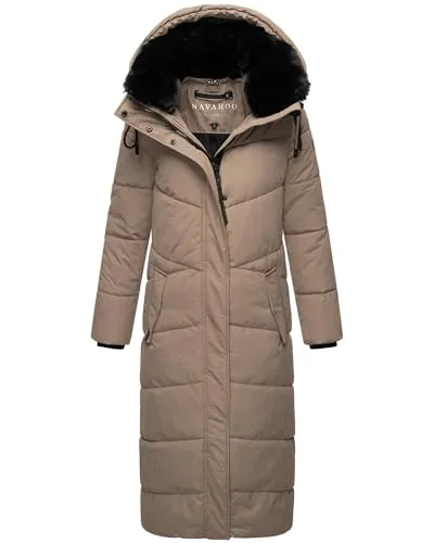 Navahoo Damen Wintermantel - Warmer Steppmantel mit abnehmbarer Kapuze in Taupe Grey, Gr. L - Funktionsjacke für den Winter, wind- und wasserabweisend mit kuscheligem Teddyfell-Innenfutter und abnehmbarem Kunstfellkragen - ideal für kalte Tage.