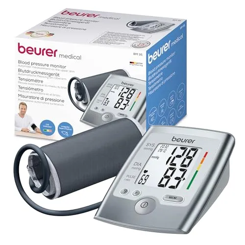 Beurer BM 35 Oberarm-Blutdruckmessgerät | Risiko-Indikator und Arrhythmie-Erkennung, 2 x 60 Benutzerspeicher, Durchschnittswert-Berechnung, Manschette für 22-36 cm