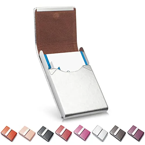Visitenkartenhalter, Luxus Mikrofaser Leder Visitenkartenetui, Metall Kartenhalter Tasche, Slim Namenskartenhalter, Visitenkartenhalter Brieftasche für Damen & Herren mit Magnetverschluss (Silber)