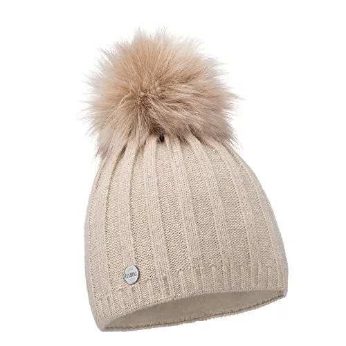 ELIMELI® Kaschmir Mütze Damen Winter warme Strickmütze Wollmütze mit Kaschmir Wintermütze mit Kunstfell Bommel Slouch Strick Beanie Damen für Winter Bommelmütze Hergestellt in EU (beige)