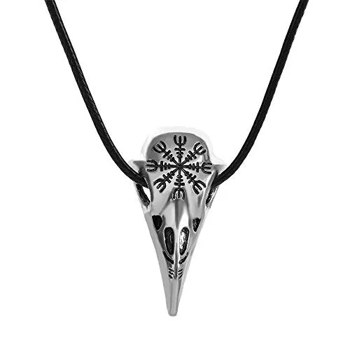 BlackAmazement Halskette mit Anhänger Raben Krähen Skull Schädel Totenkopf Vegvisir Wegweiser Symbol Lederkette Wikinger Viking Gothic Biker Damen Herren