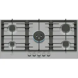 Bosch PCR9A5I90 Serie 6 Gaskochfeld, FlameSelect, Abnehmbare Magnetgriffe, WOK, Gussroste, Stahl, 90 cm