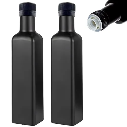 mikken 2 x Ölflasche 250 ml mit Ausgiesser Ölspender Glasflasche schwarz inkl. Etiketten